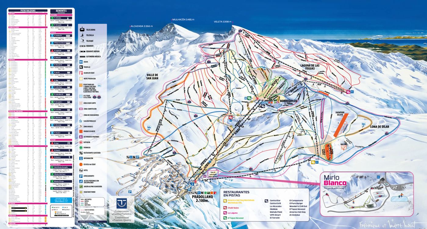 Plano de pistas de la estación de esquí Sierra Nevada con distribución de pistas verdes, azules, rojas y negras